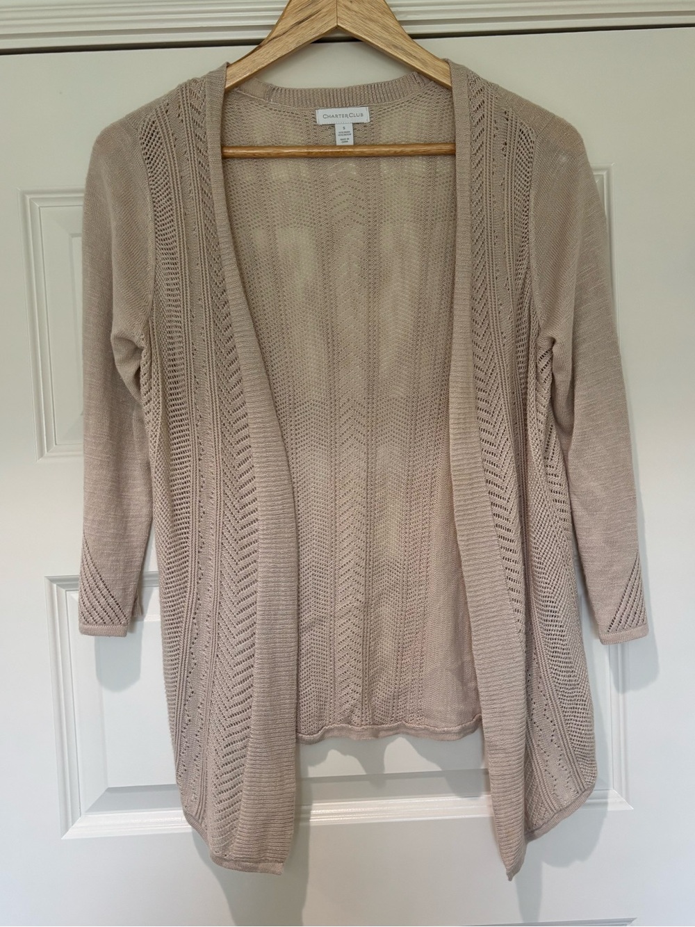 Charter Club Sz S Cream Pointelle Knit Cardigan Cotton Delicate 3/4 Sleeve - Picture 2 of 11